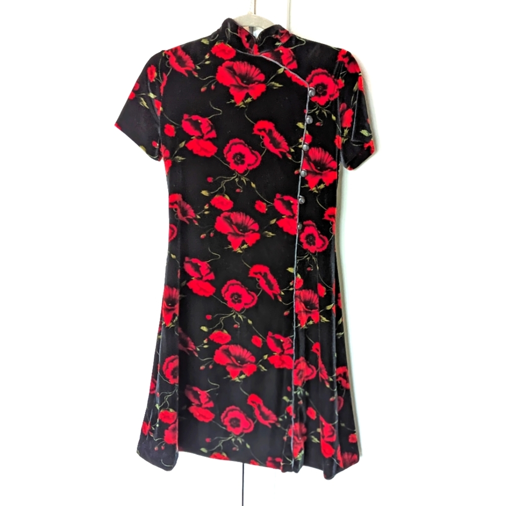 Vintage 90s Evan Picone Red Black Cheongsam Style Floral Velvet kimono dress 4P